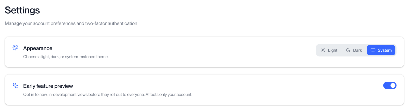 Settings page with the Early feature preview switch turned on